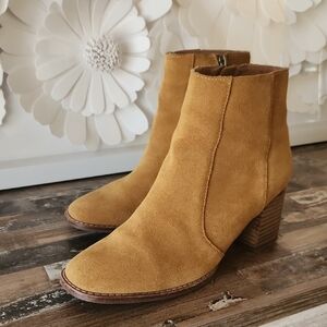 Tan Ankle Booties with Stacked Heel and Slip-On Design